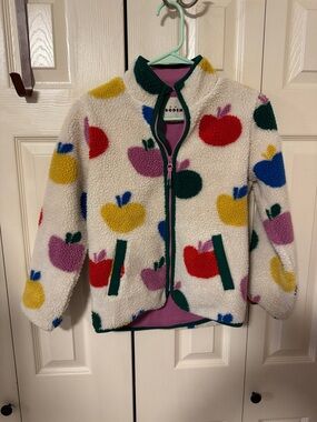 Mini Boden Kids Cream Multi Apple Print Sherpa Jacket size 9-10